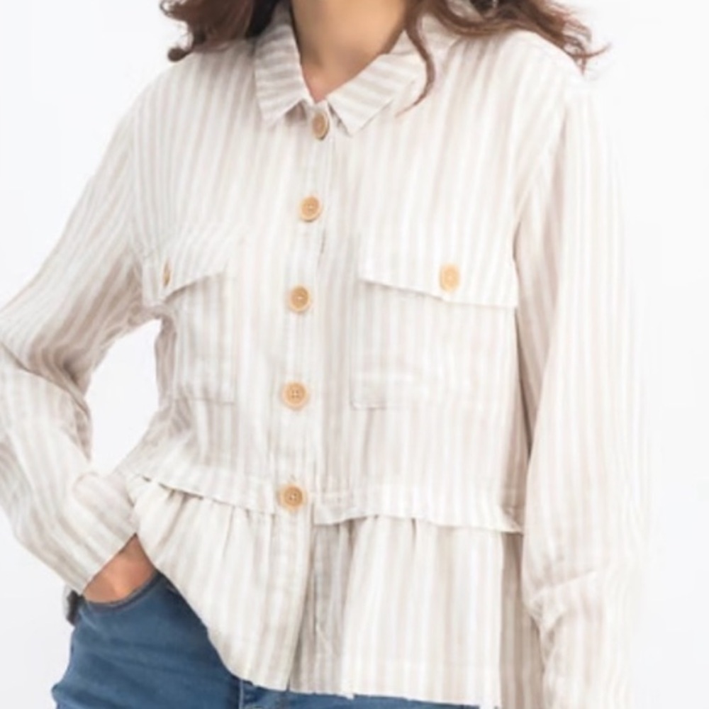 Sanctuary Wild Spirit Women’s S Tan Striped Peplum Linen Blend Jacket Top